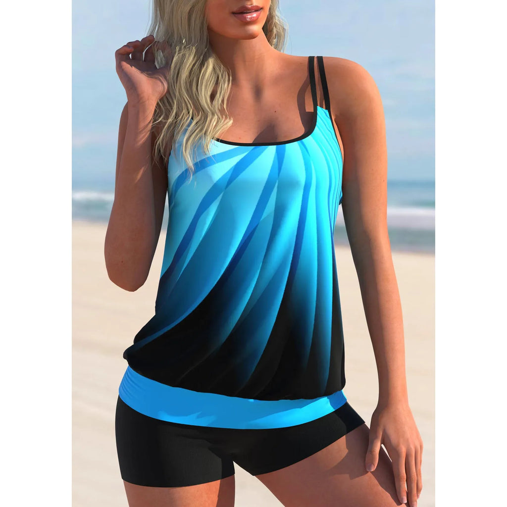 Plus size women's swimsuit set with butterfly print, adjustable strap top, and conservative beach shorts