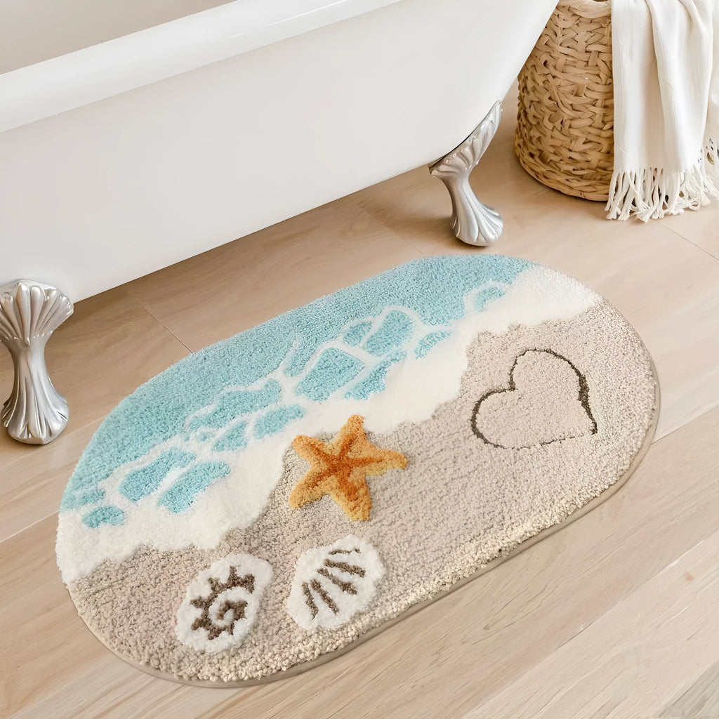 Square polyester fibre floor mat with rainbow pattern, plastic bottom, Sky Sea colour