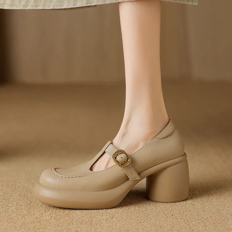 British style women's platform leather shoes in apricot colour with round toe and buckle strap