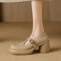 British style women's platform leather shoes in apricot colour with round toe and buckle strap