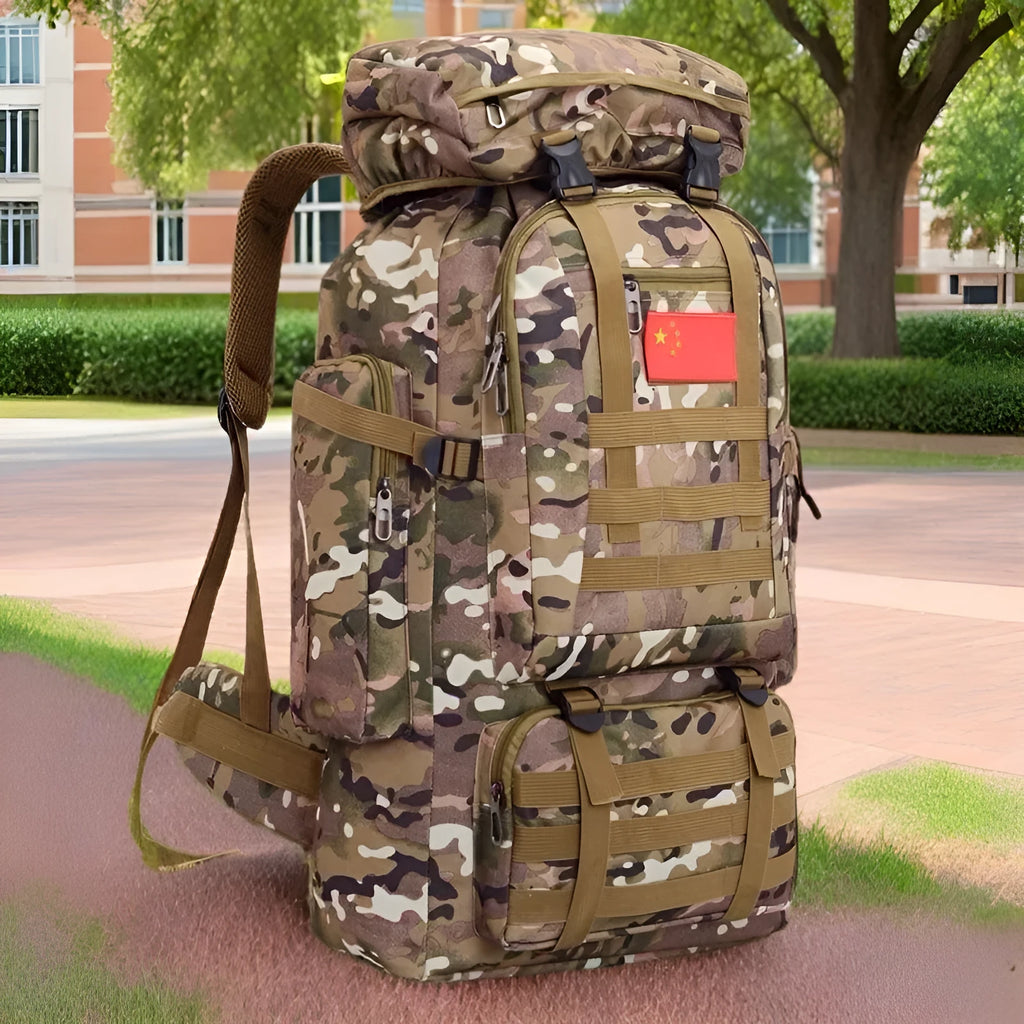 110L outdoor travel backpack with air pillow belt system in jungle camouflage colour