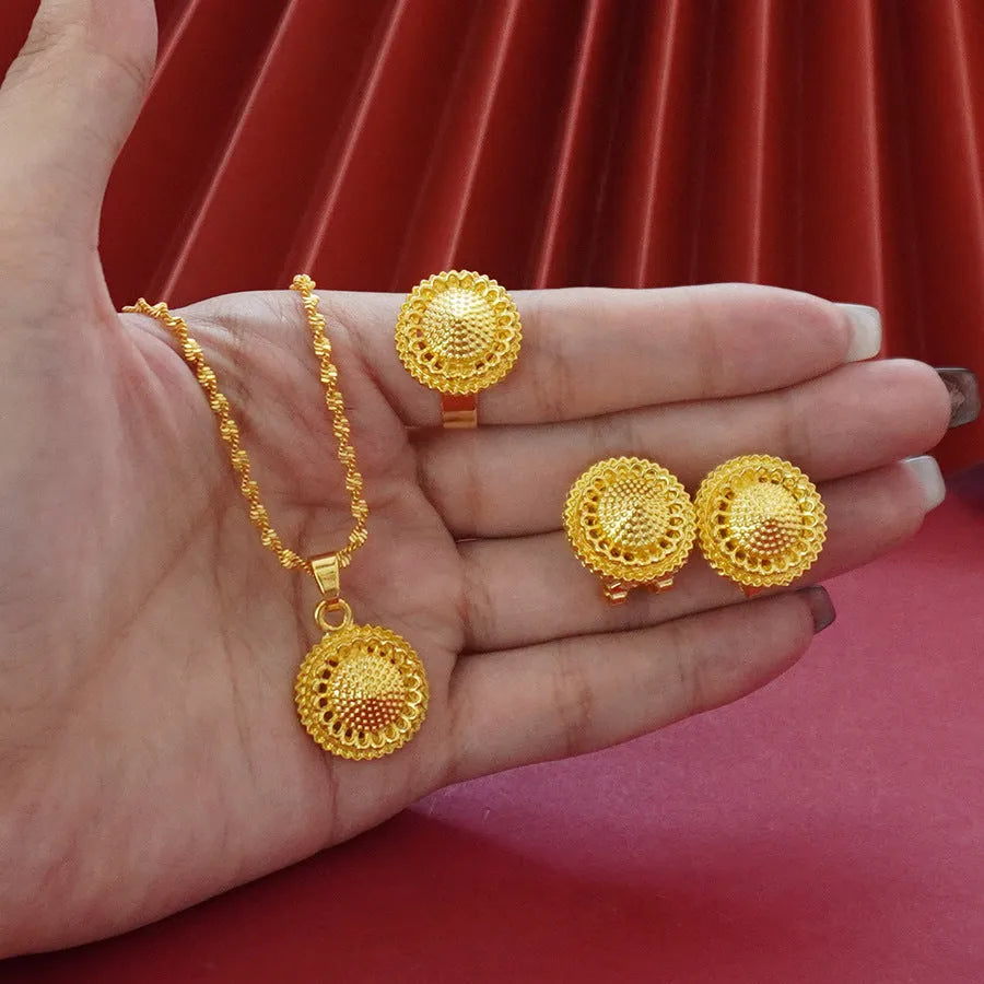 Flower design gold-plated three-piece jewellery suit with water wave chain necklace, earrings and ring