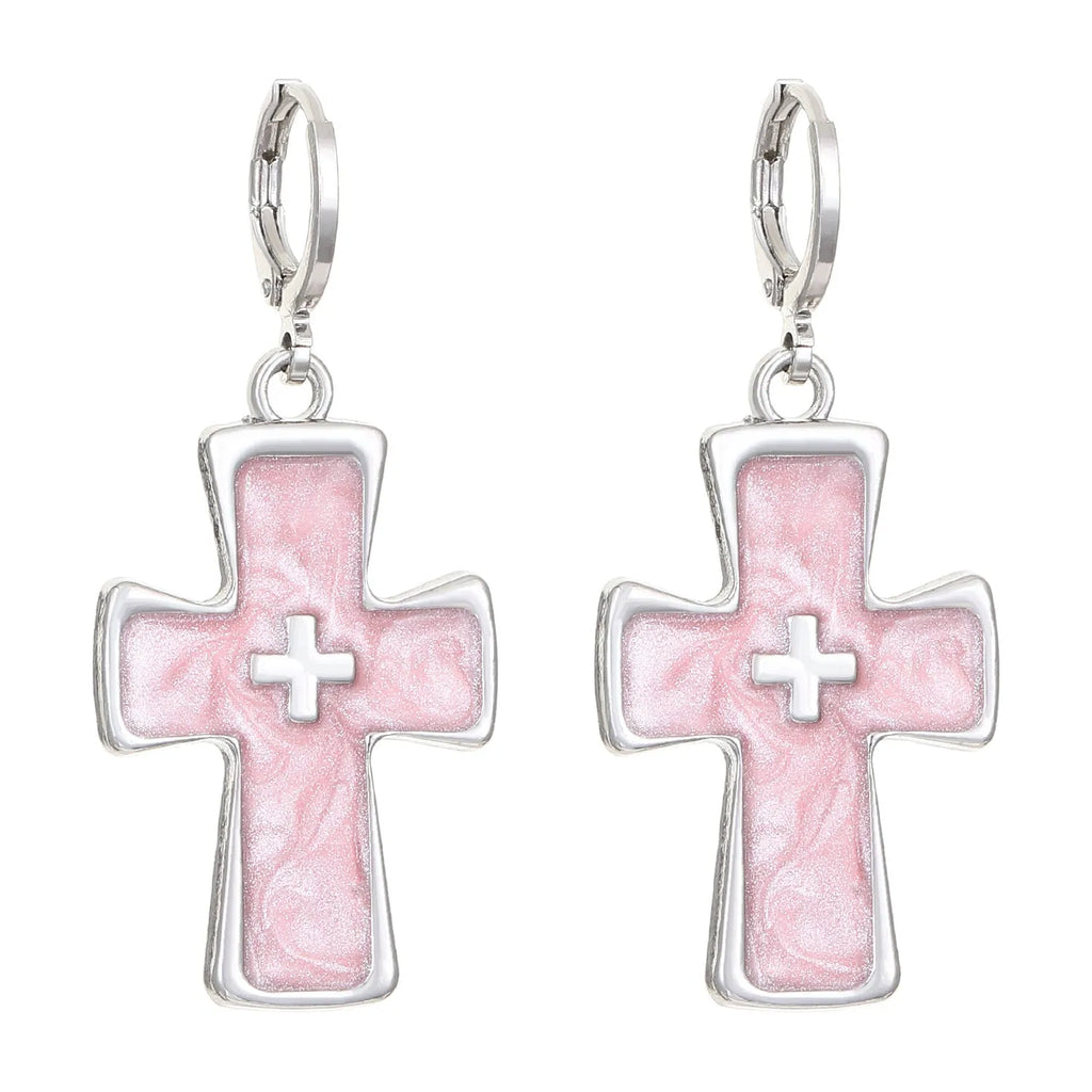 Women's alloy earrings with cross and heart designs in five colour variations including white, black cat, and antique silver