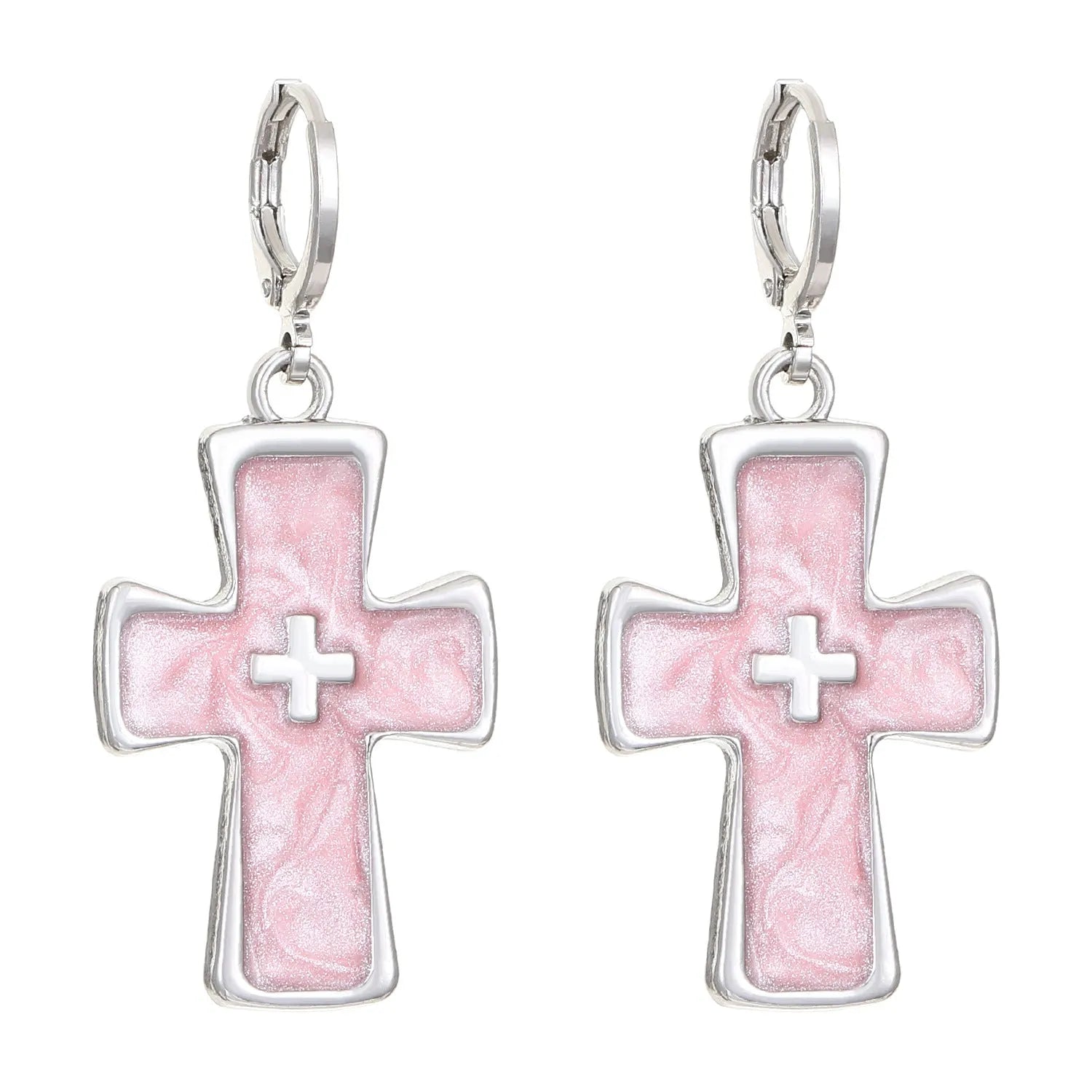 Women's alloy earrings with cross and heart designs in five colour variations including white, black cat, and antique silver