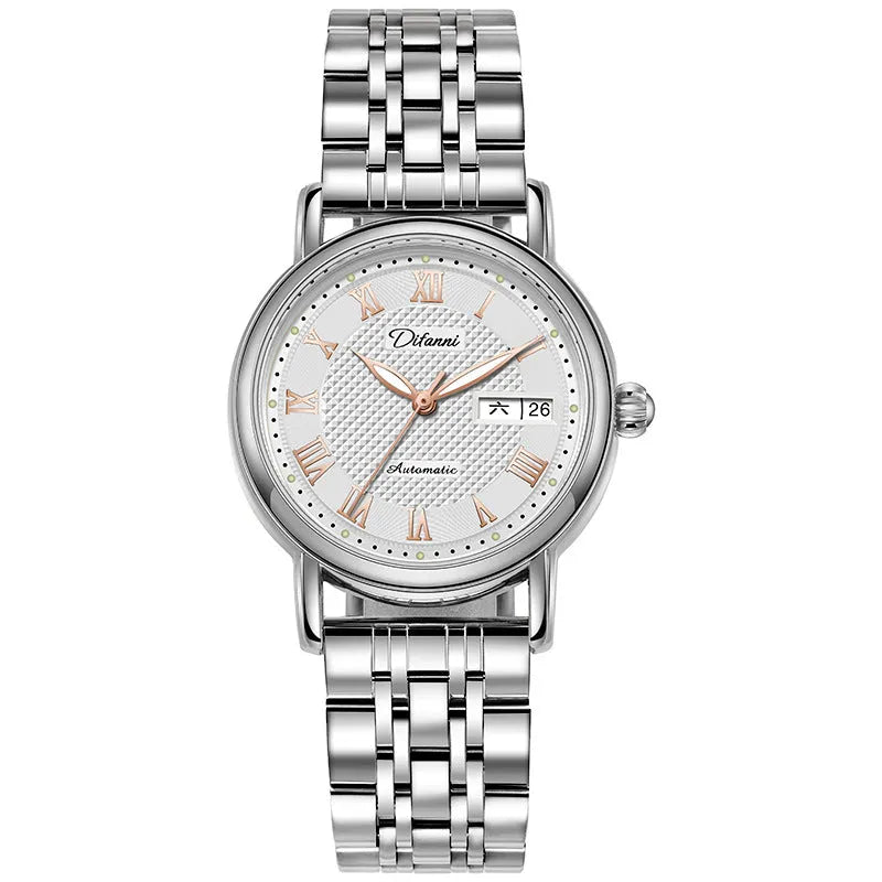 Women's automatic mechanical fashion watch with steel bracelet and white dial showing 12mm thickness
