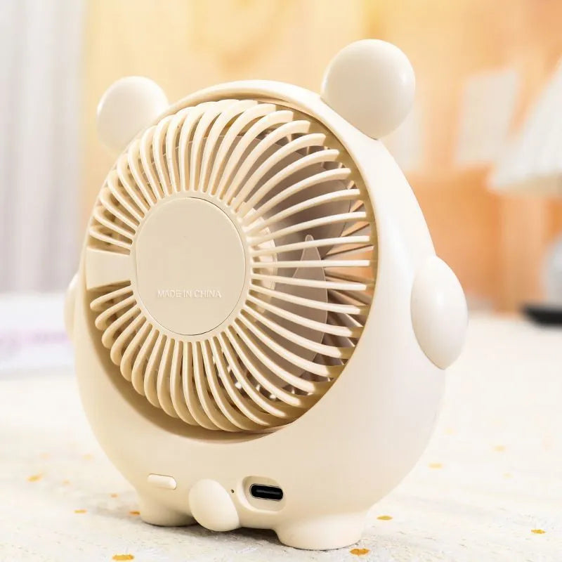 Cute animal-themed USB desk fan in brown puppy design showing three speed settings