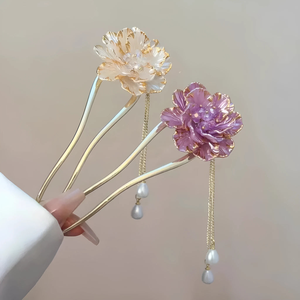 Purple and white peony flower U-shaped hairpin with retro tassel decoration on alloy barrette