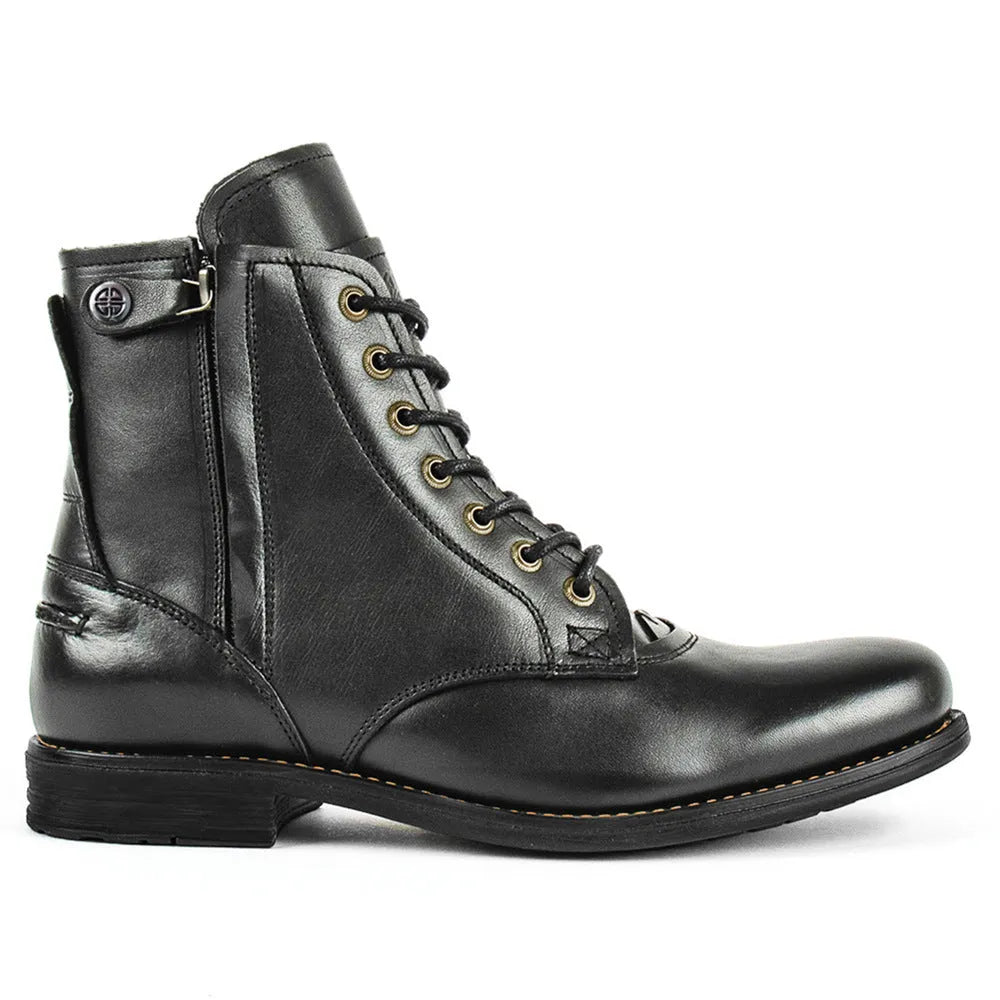 Knight Series two-tone leather boots with side zipper in black, showing low heel and beef tendon construction.