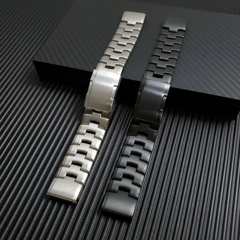 Metal watch strap for Garmin Jiaming Fenix series in silver, black, titanium colours, showing 22mm and 26mm size options.