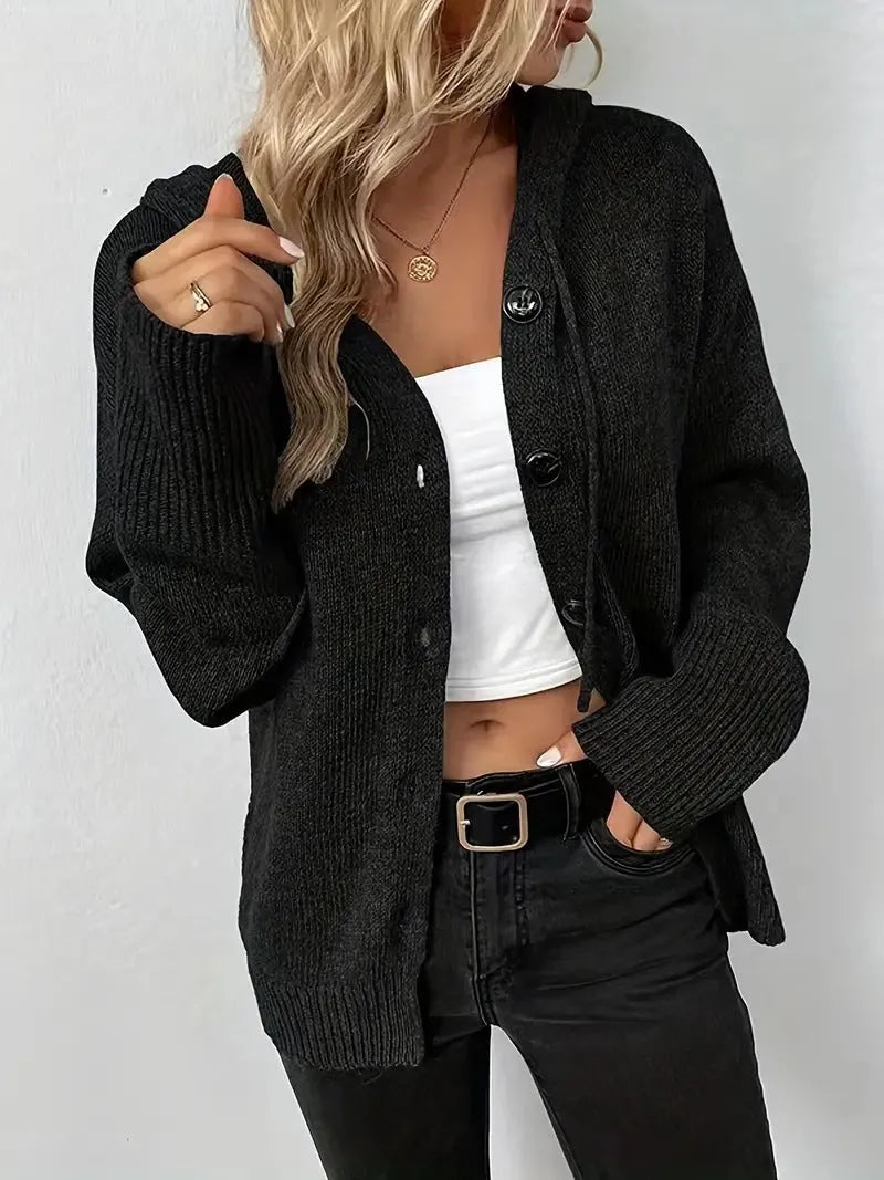 Thick grey hooded cotton cardigan sweater with a 3D pattern, shown unbuttoned.