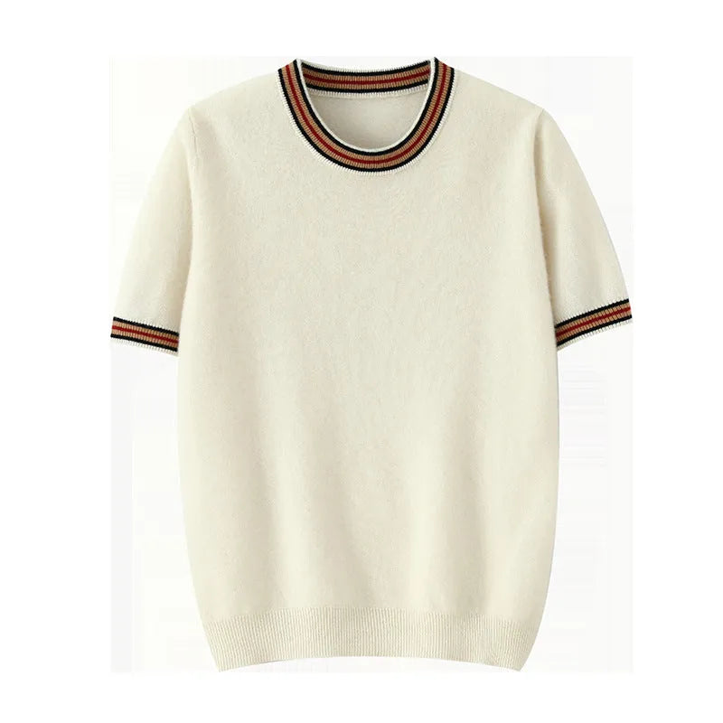 Men's grey pure wool short sleeve round neck sweater on hanger