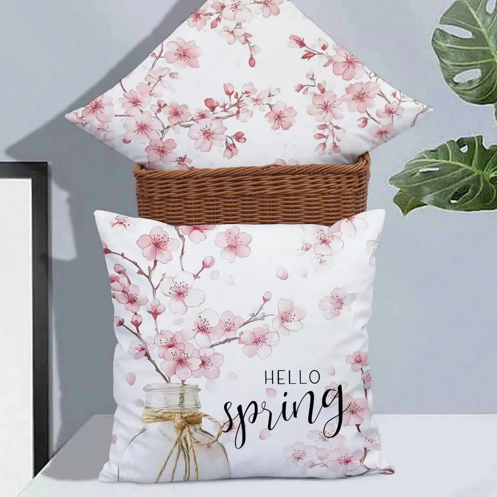 Square short velvet pillow cover with cherry blossom print, 45cm size, shown in one of four colour options.