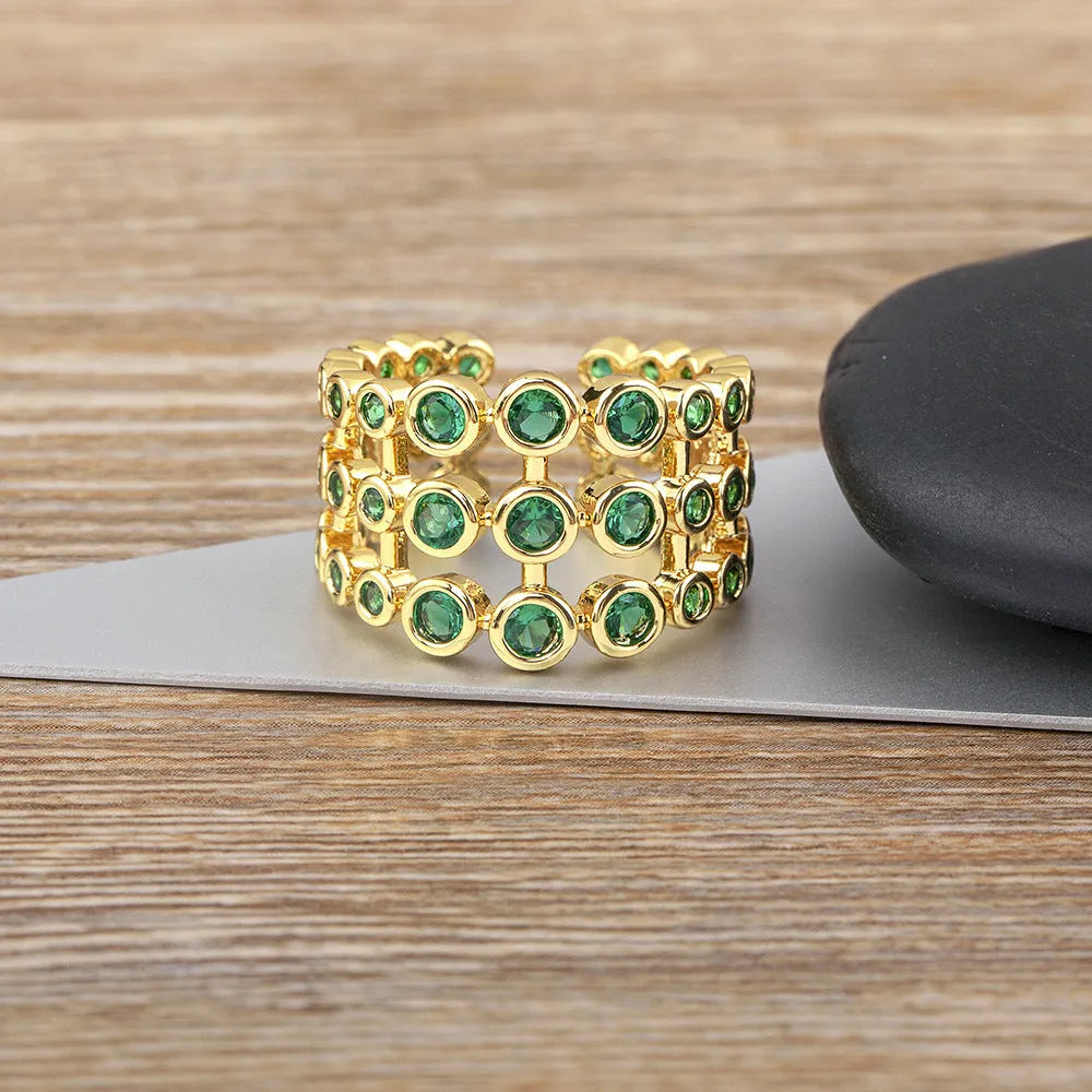 Copper plated 18K gold three-layer green zircon wide ring for men and women