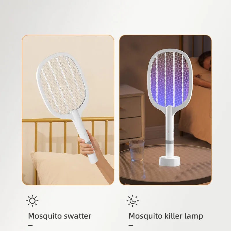 Rechargeable electric mosquito swatter in hand, showing ABS plastic shell and metal grid.