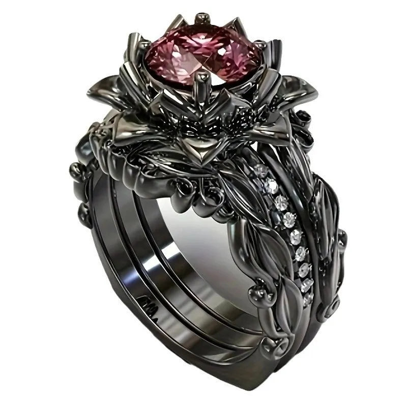 Women's floral geometric alloy ring with electroplated rose gold or rhinestone inlay on finger