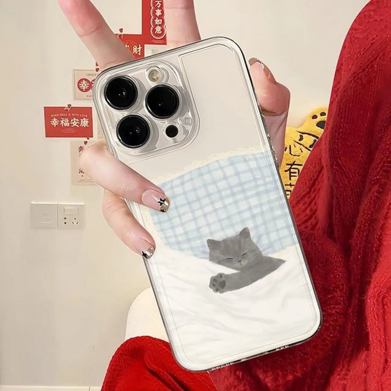 Transparent phone case with sleeping cat pattern for Apple iPhone