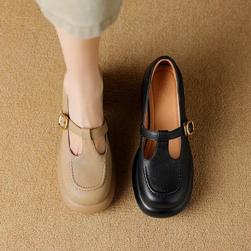 British style women's platform leather shoes in apricot colour with round toe and buckle strap