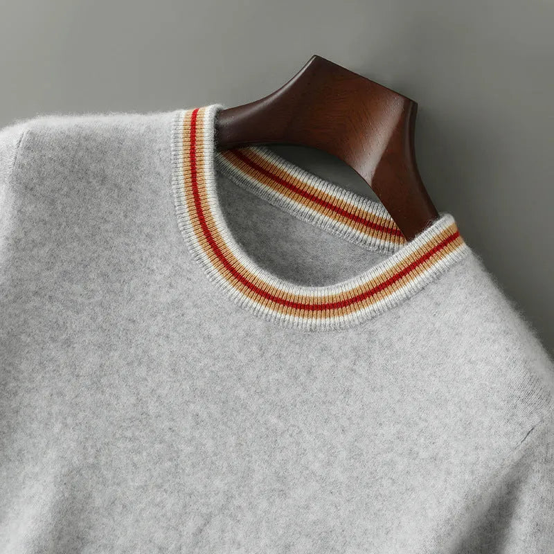 Men's grey pure wool short sleeve round neck sweater on hanger