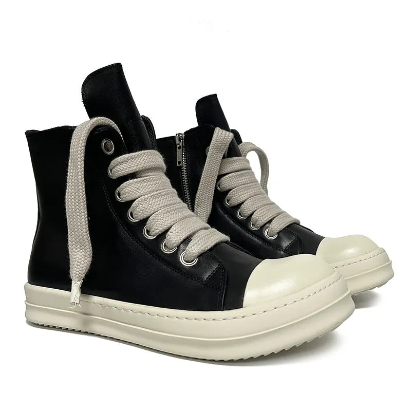 Black high-top leather sneakers with side zipper and round toe on a platform sole.