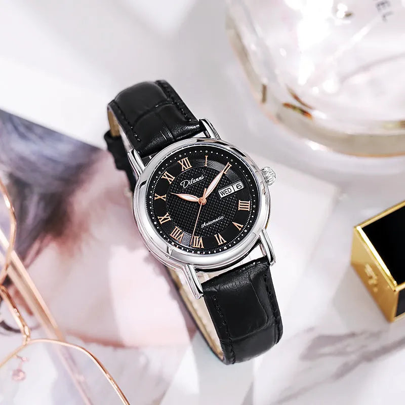 Women's automatic mechanical fashion watch with steel bracelet and white dial showing 12mm thickness