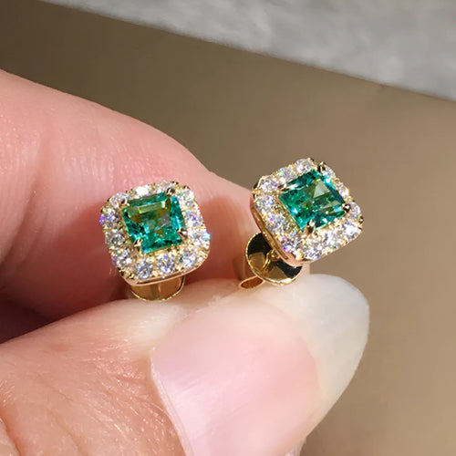 Square zircon earrings with bright grandmother green colour and electroplated copper construction