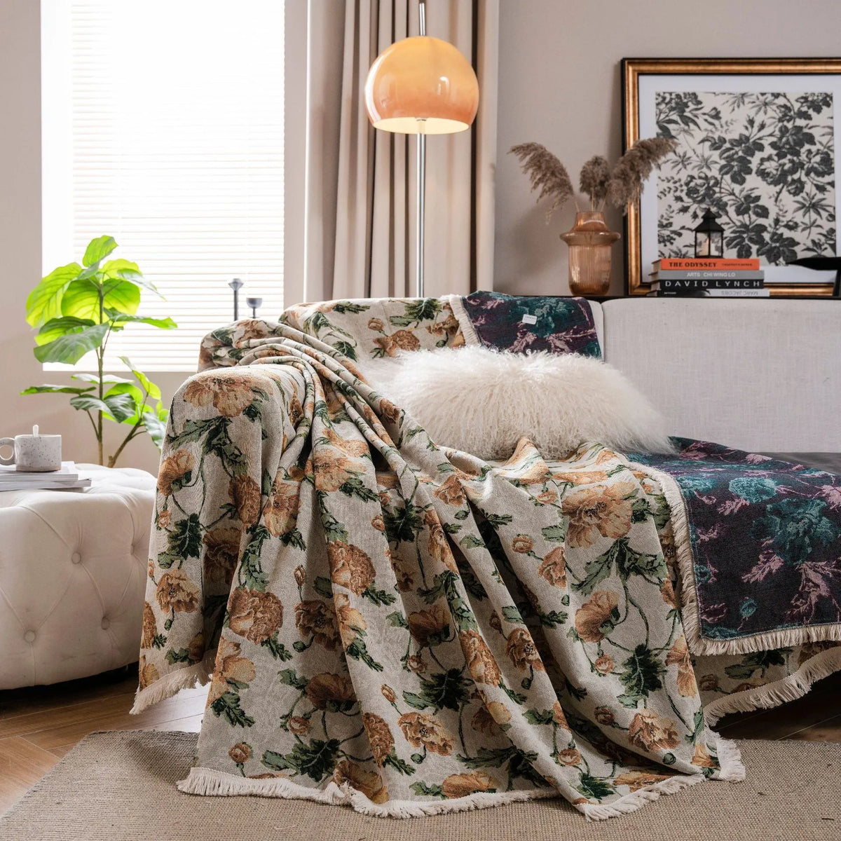 American country jacquard floral sofa cover in cherry white beard colour on a living room sofa