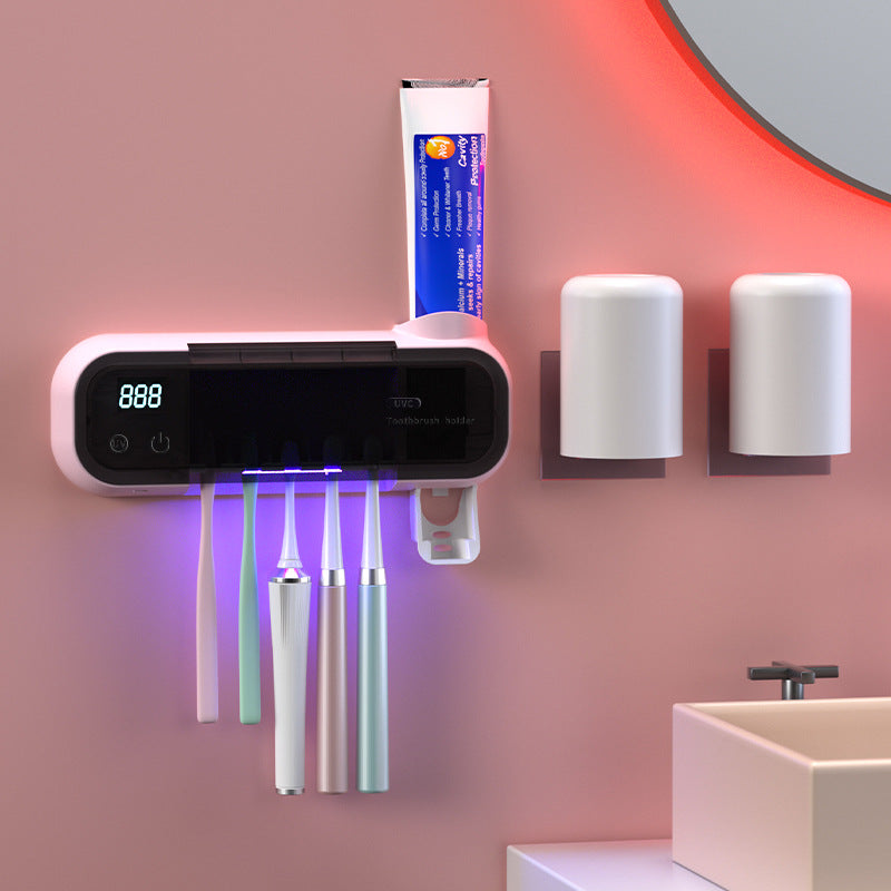 Drill-Free UV Toothbrush Steriliser & Air-Drying Holder - Wall-Mounted Bathroom Organiser & Tumbler Rack (USB Rechargeable)