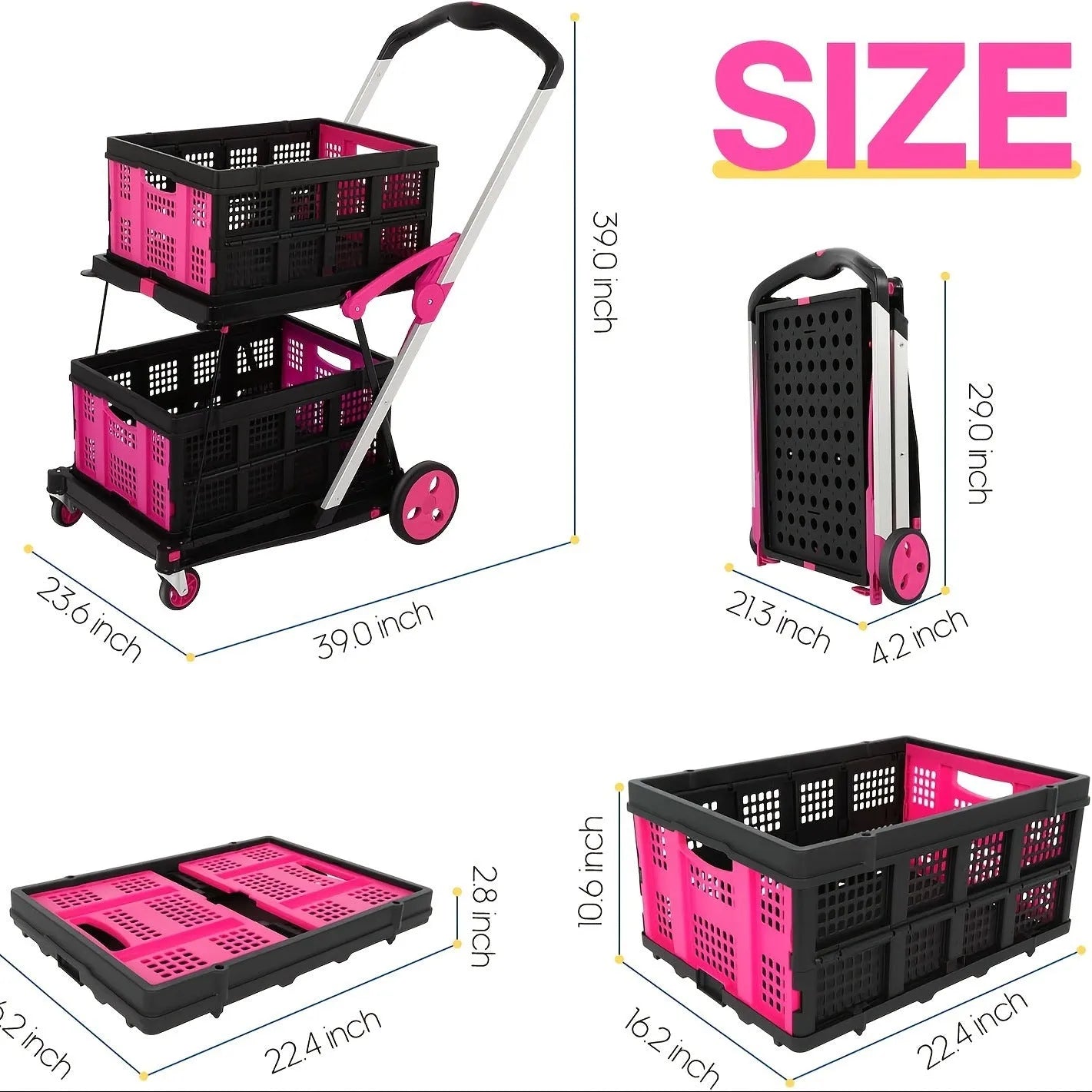 Blue foldable shopping cart with two plastic baskets, shown in an open, ready-to-use position.