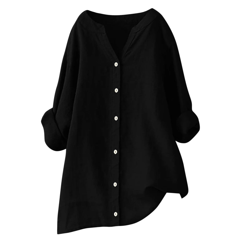 Women's cotton and linen long sleeve button shirt in loose fit, solid colour, front view