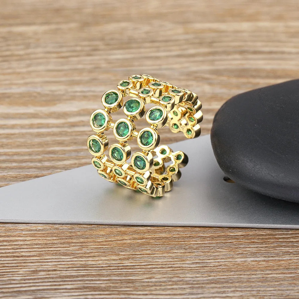 Copper plated 18K gold three-layer green zircon wide ring for men and women