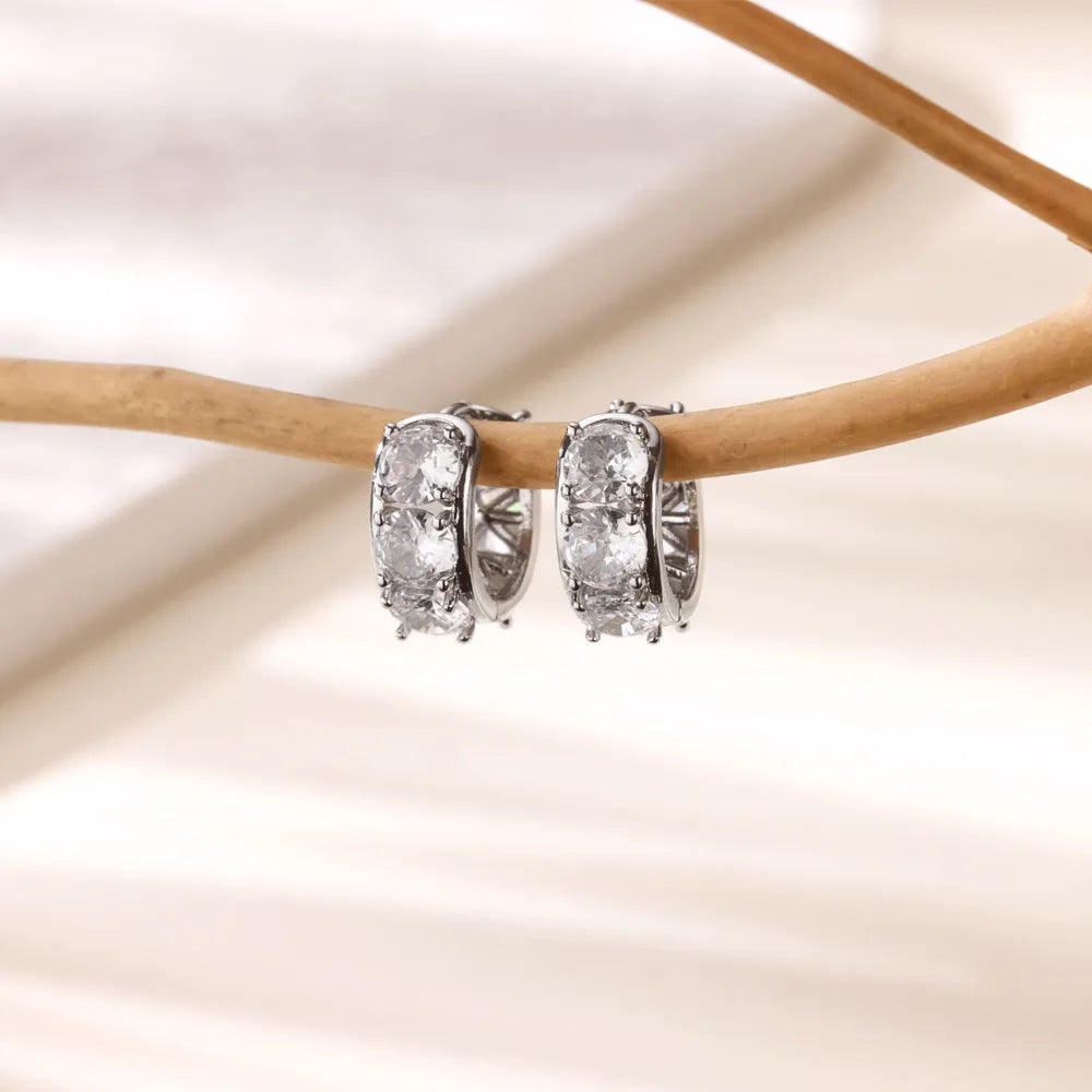 Simple fashion U-shaped clip-on earrings for women with inlaid zircon stones in silver tone stainless steel