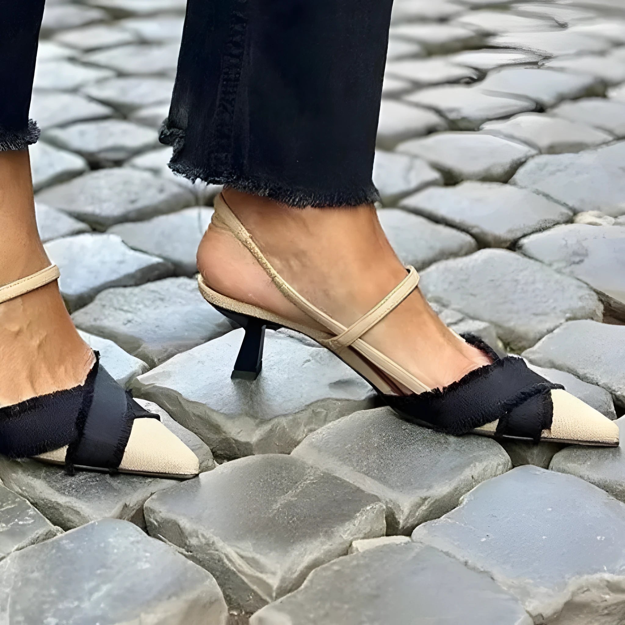 Women's apricot black colour block stiletto heel sandals with pointed toe and buckle fastening.