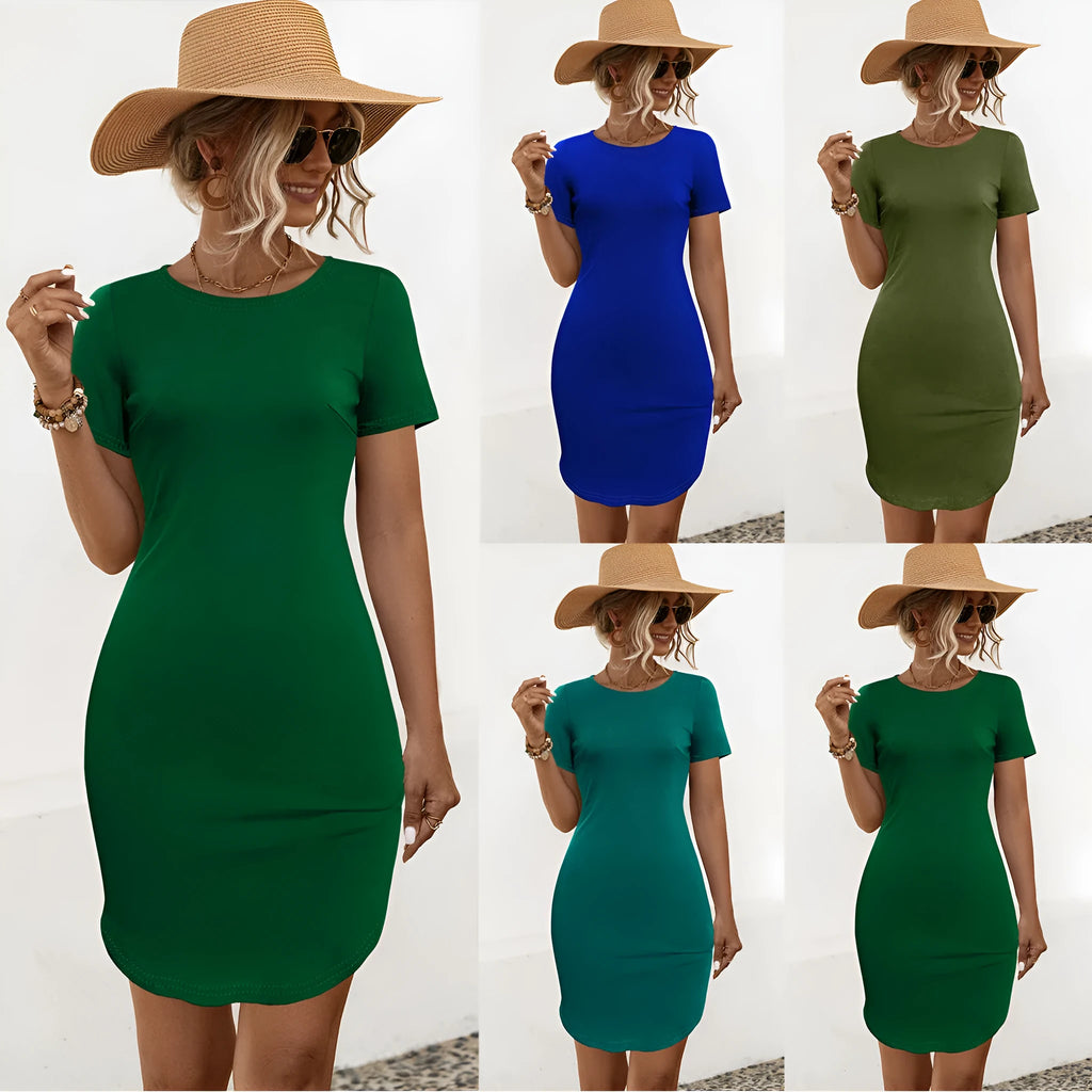 Women's slim fit short sleeve dress in a solid colour with a U-shaped neckline and split hem.