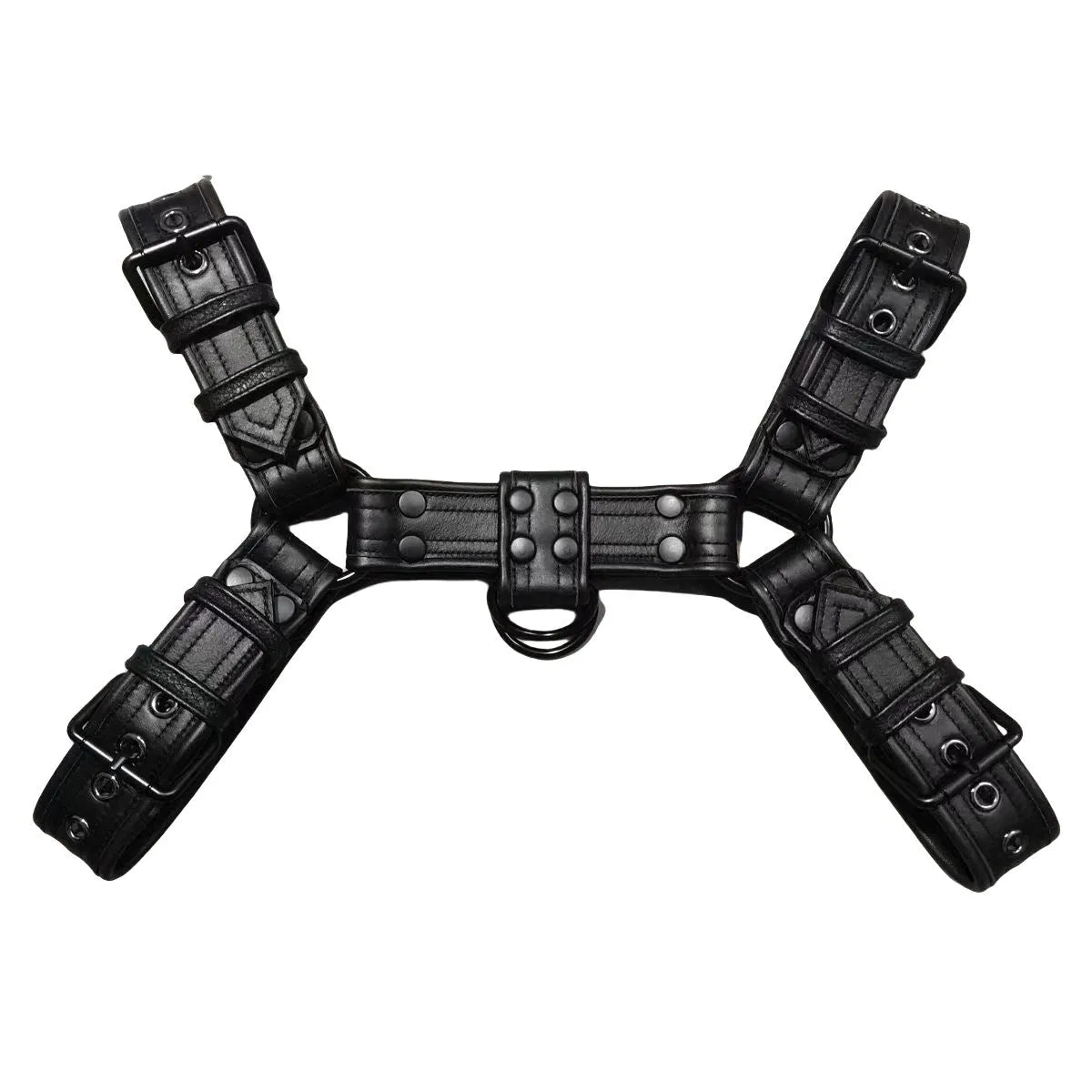 Black leather chest muscle bondage strap with metal buckle and rivets laid flat.