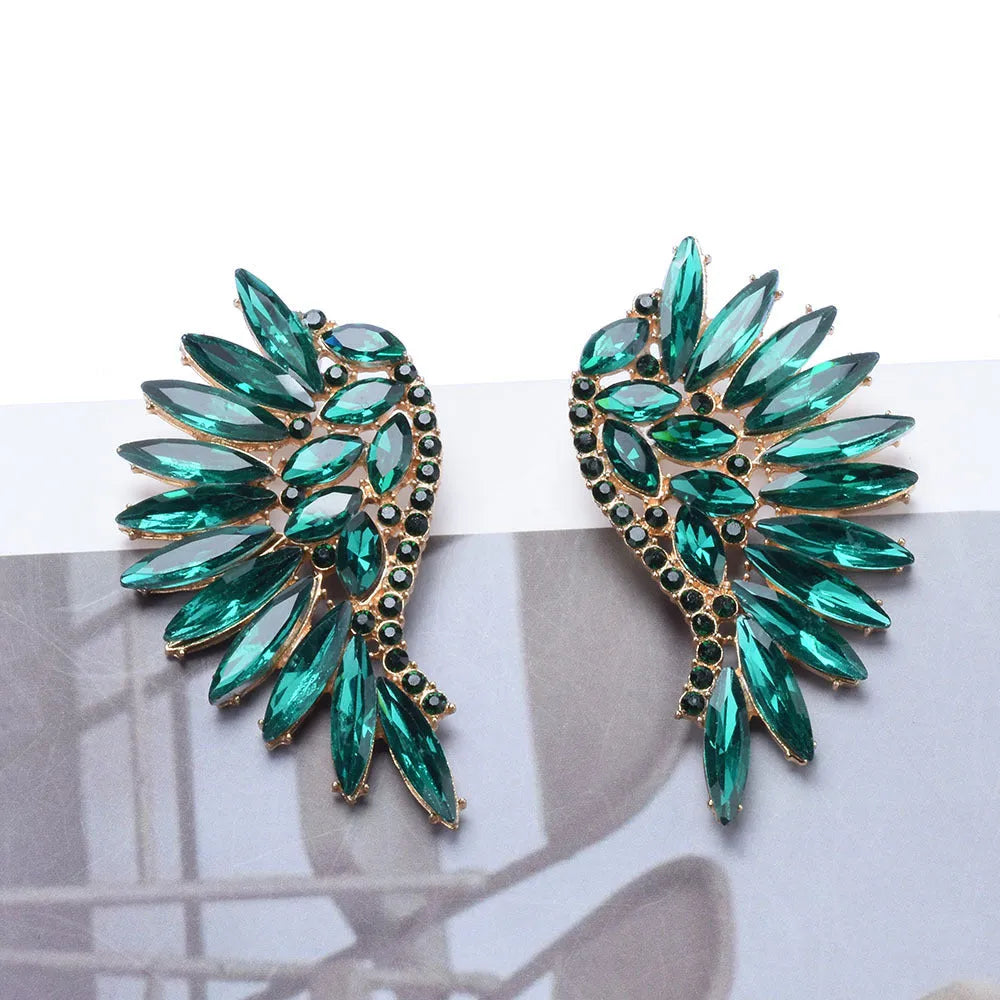 Women's exaggerated long flower earrings with rhinestone petals, 5cm drop, available in 6 colour options