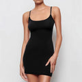 Black sleeveless sling sheath dress with skinny fit and mid-waist