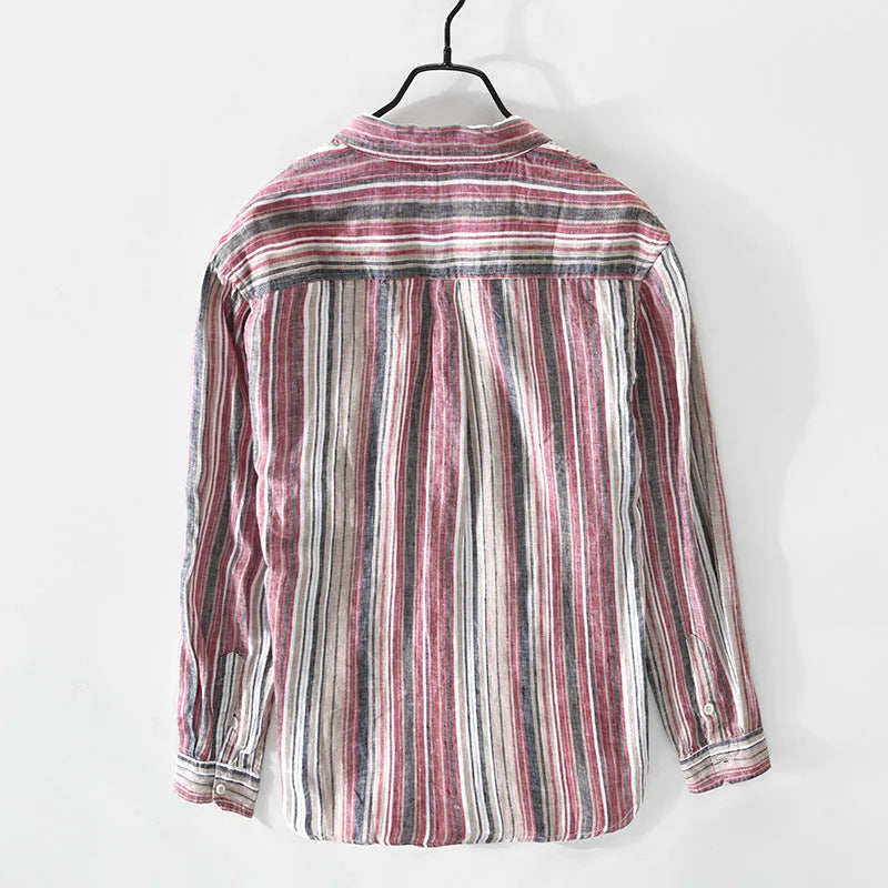 Men's casual linen striped shirt in grey, long sleeves, loose fit for spring summer