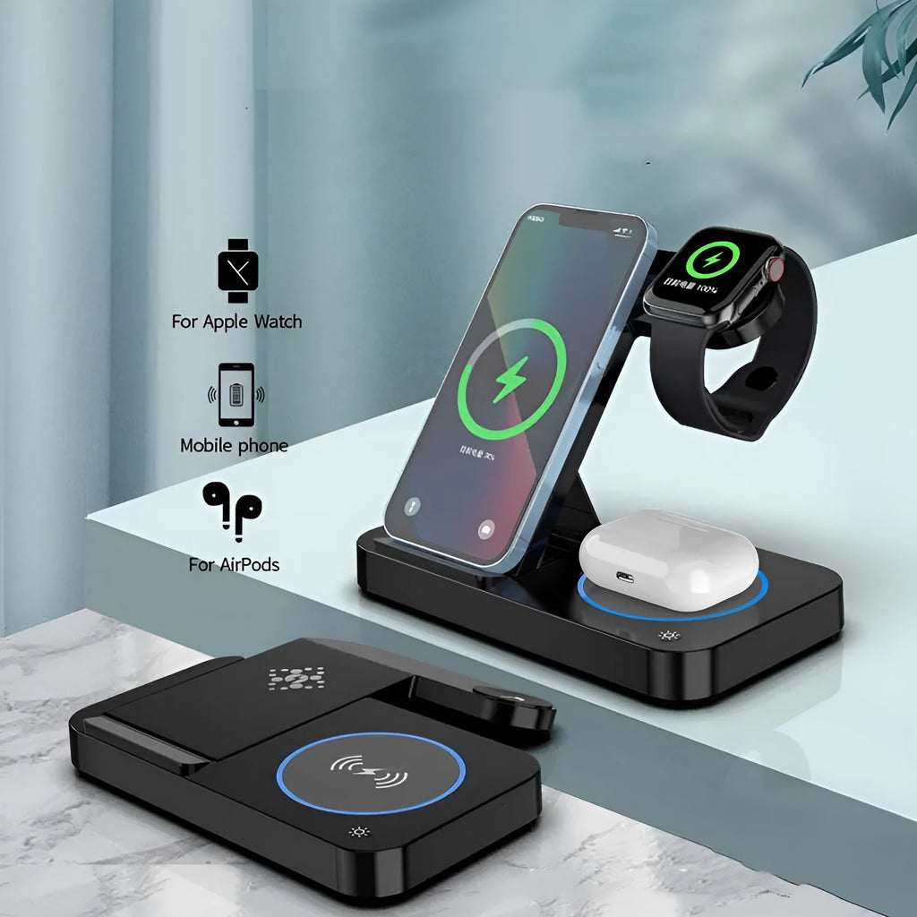 Folding three-in-one wireless charging stand in black with phone, headphones, and watch placed on charging areas