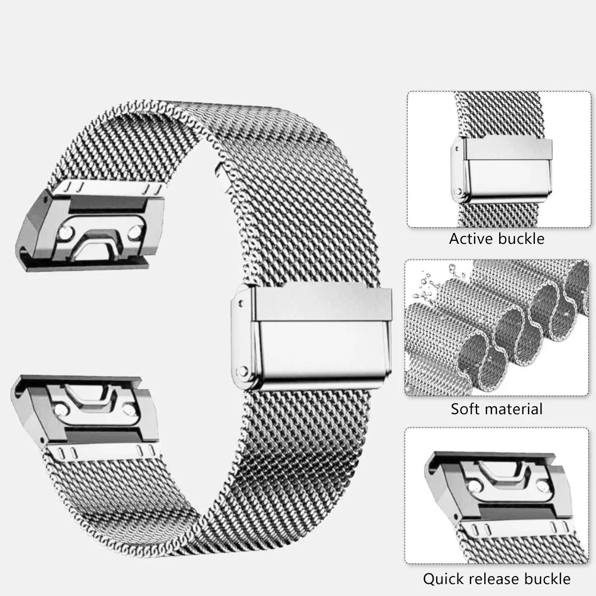 Stainless steel replacement watch strap for Garmin Fenix 7X 7 Pro 6X 6 models in silver, black, gold, rose gold.