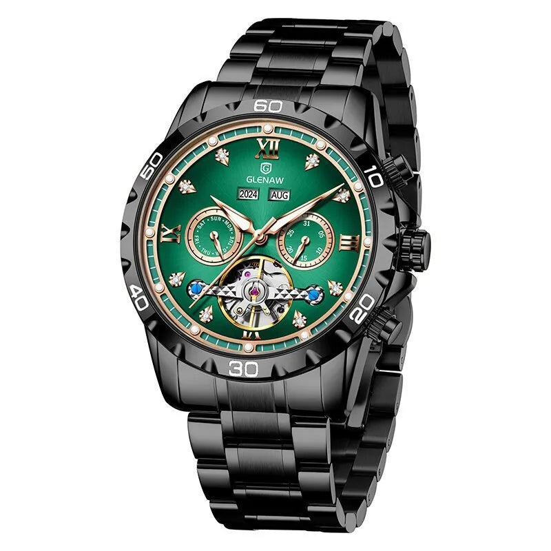 Men's automatic mechanical watch with stainless steel strap and metal case, mineral glass mirror, business style, silver face