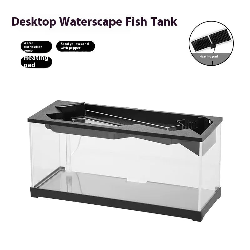 Small acrylic lazy aquarium with integrated filter, water pump, built-in lamp, heating mat, and external light on a desk