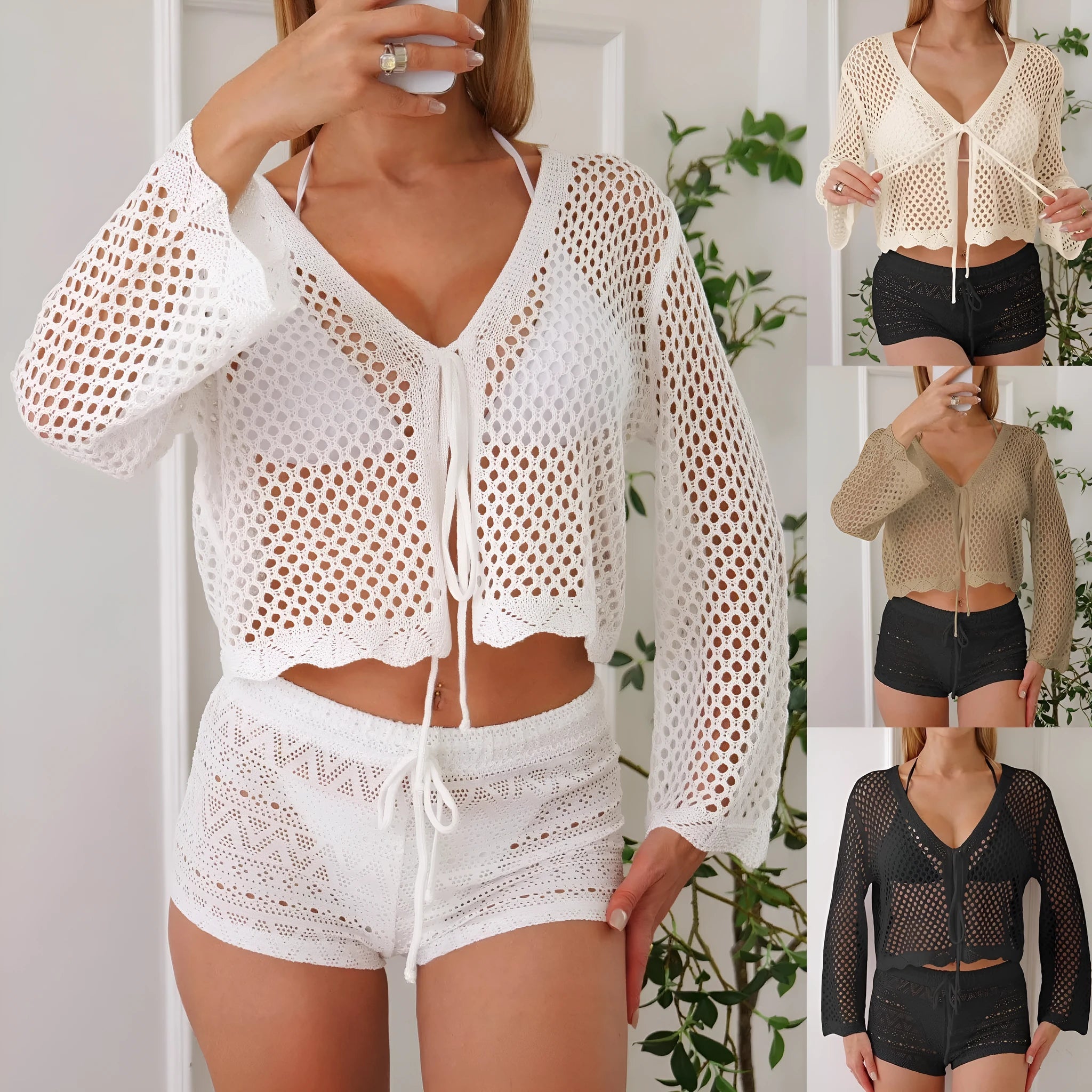 Women's hollow woven cardigan blouse with bell sleeves in apricot colour showing short 40cm length