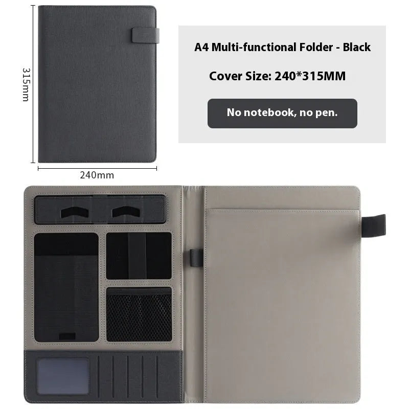 Leather A4 business folder in black, open to show 35mm thick plate and space for documents