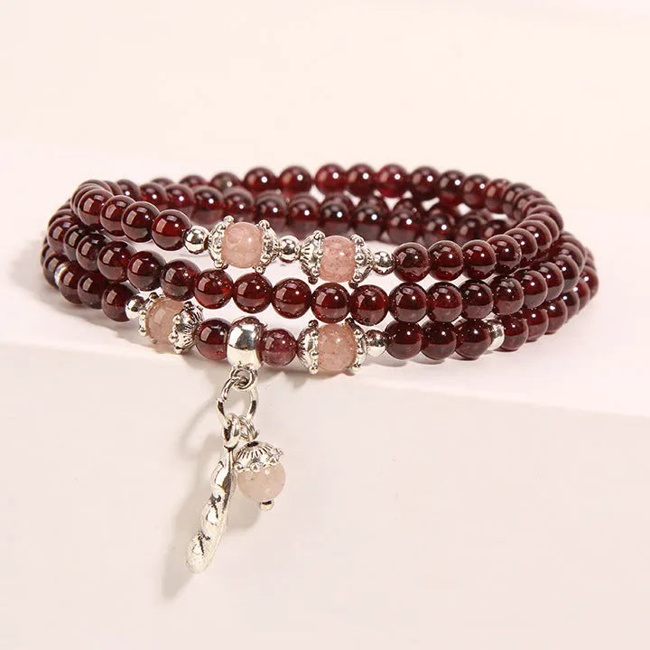 Women's wine red garnet crystal bracelet with floral Bohemian ethnic design