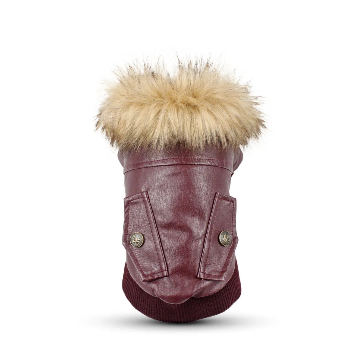 British style leather dog coat with fur collar in black or wine red for autumn and winter