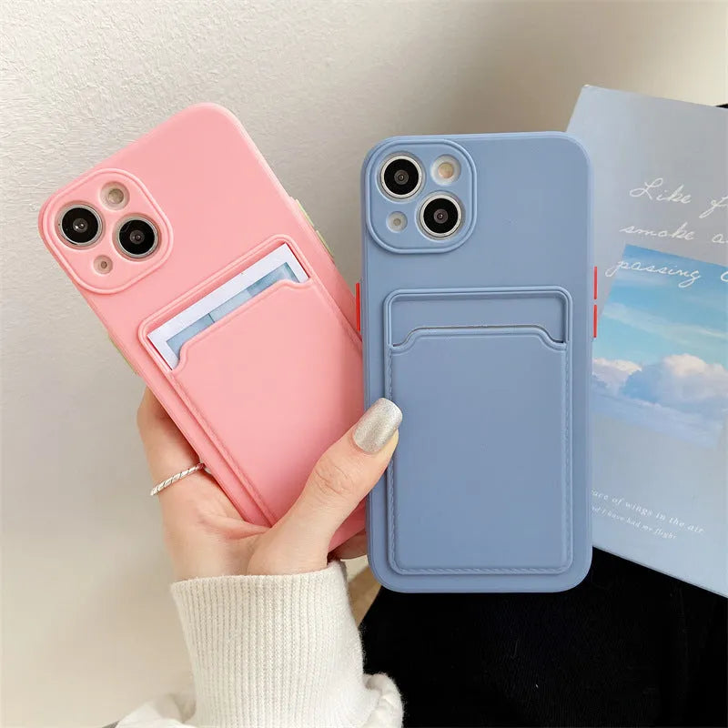 Sky blue silicone iPhone protective case with integrated card slot for multiple iPhone models