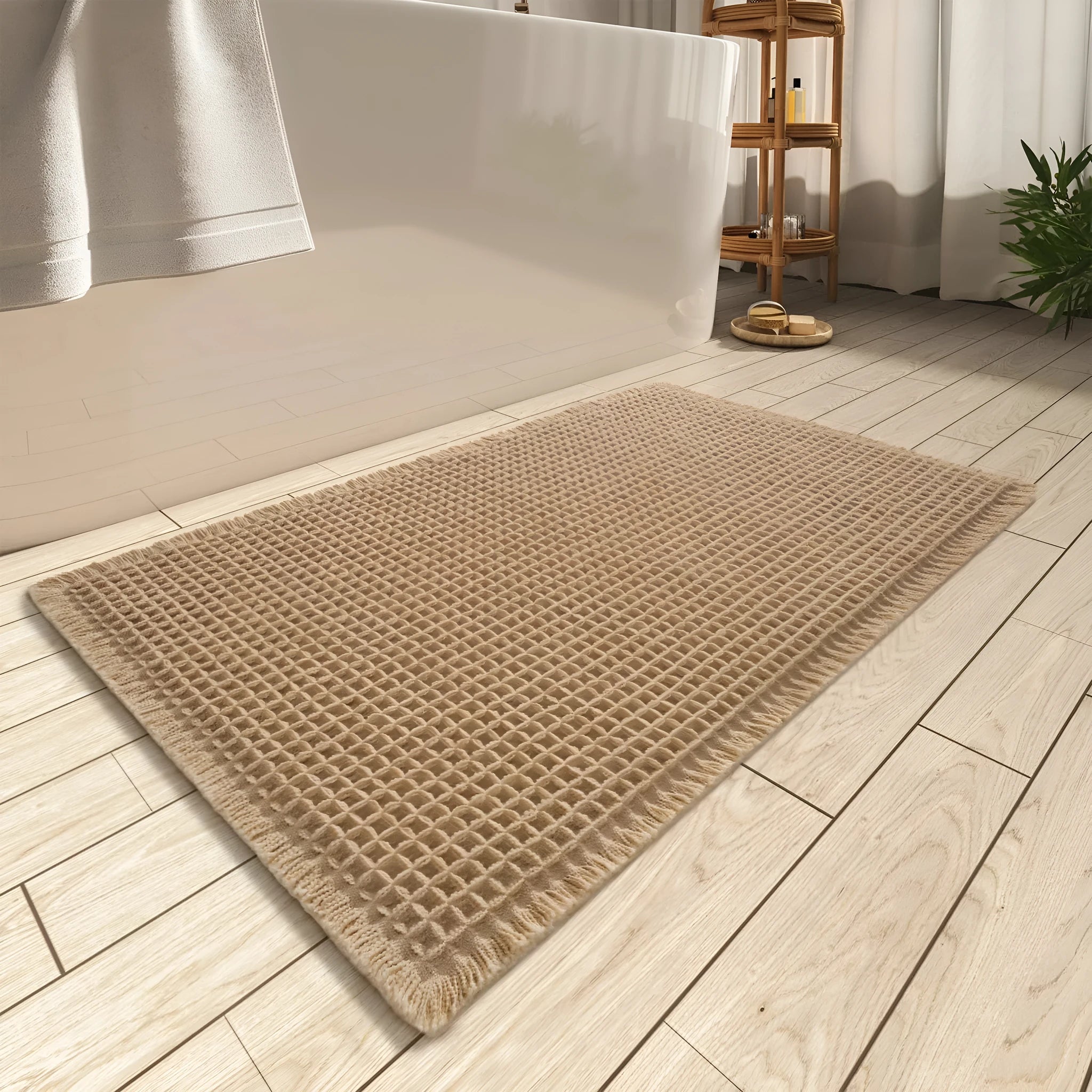 Non-slip checkered pattern bathroom carpet in polyester fibre available in multiple colours and sizes