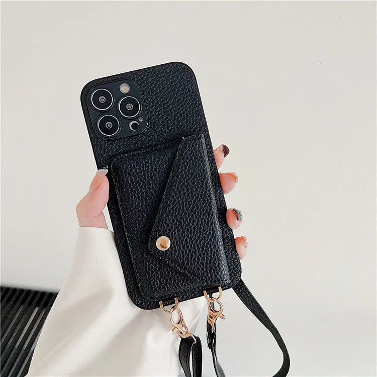 Lychee pattern card holder phone case in black with diagonal card slot and long rope