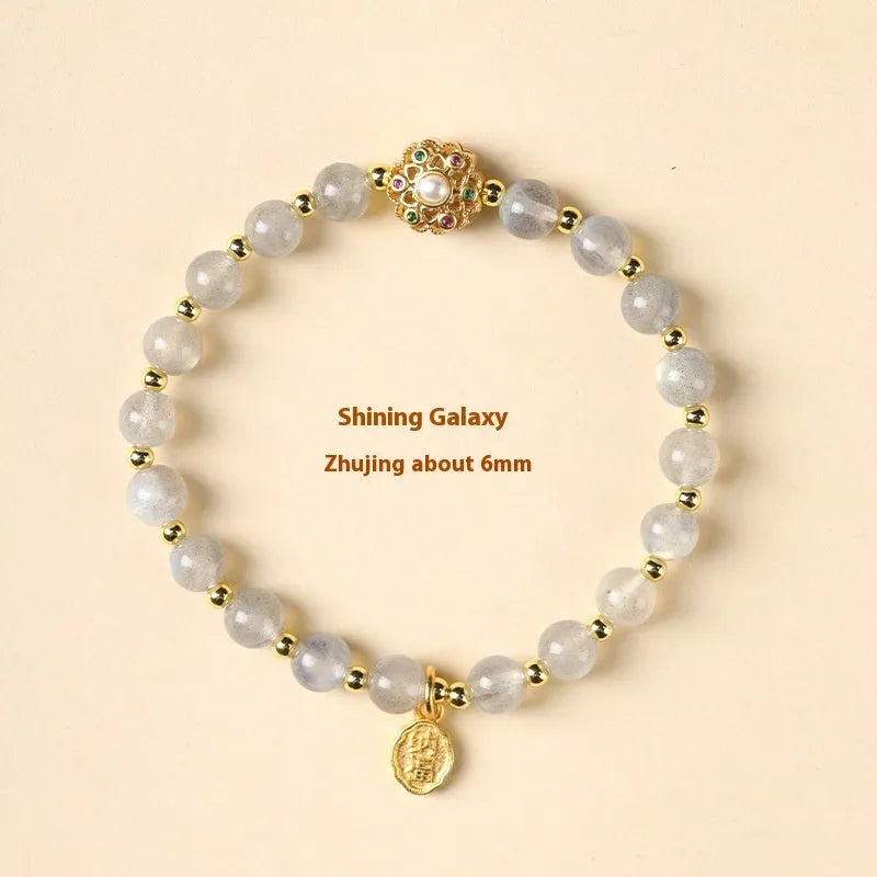 Hand-woven crystal bracelet with 6mm beads showing sun moon pastoral design in three colour options