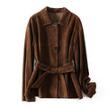 Women's caramel mocha cashmere coat with leather stitching and peter pan collar in art retro style